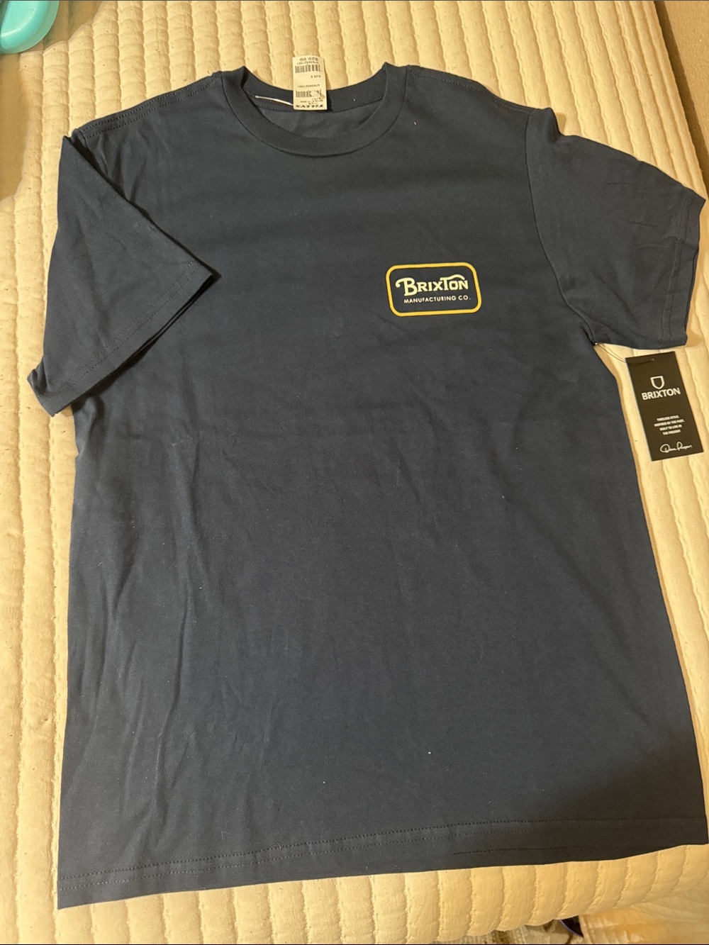 Brixton Navy Short-Sleeve Logo Pocket Tee with Yellow Accent